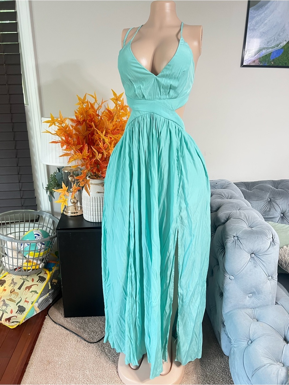 Mustard Seed Aqua Cutout Maxi Dress with Spaghetti Straps